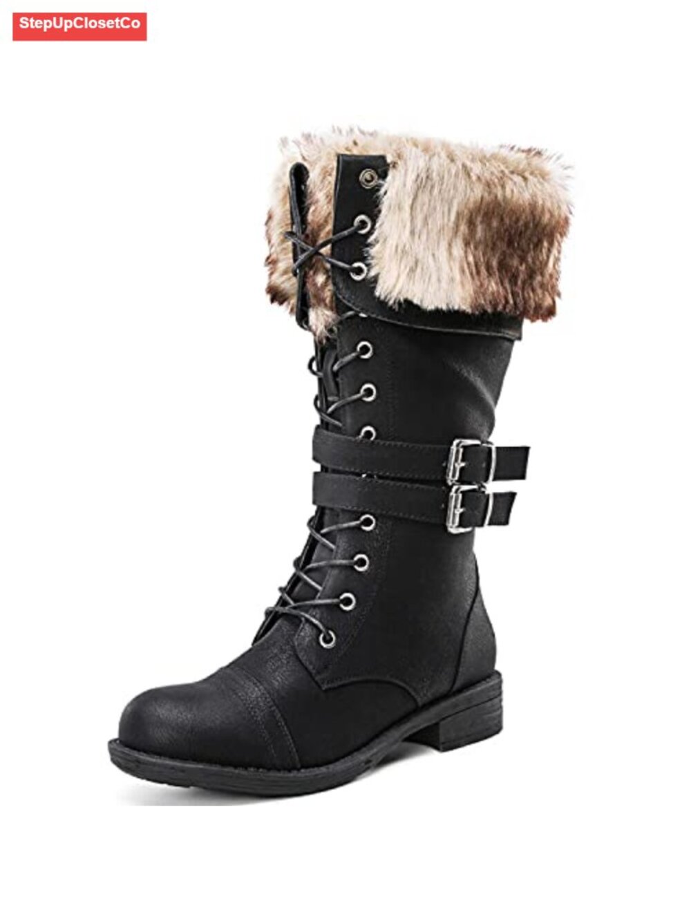 Women's Mid Calf Combat Boots Lace Up Side Zipper Low Heel Faux Fur Trim